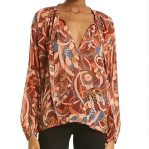 A.L.C. Flowing Paisley Long Sleeve Split Tie Neck Delphina Silk Blouse Brown 2 - Picture 2 of 13